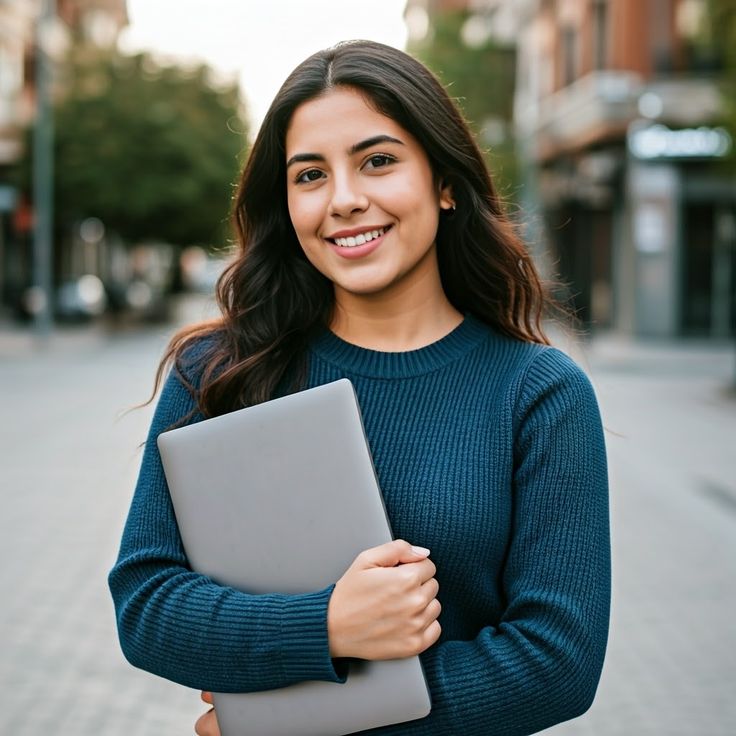 Smiling,Dark-haired,Young,Latin,Student,Woman,Holding,Her,Laptop,Look